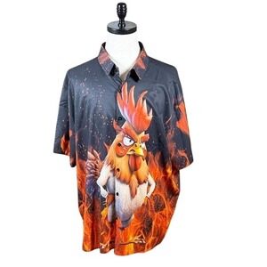 Hardaddy Mens 3XL Rooster Fire Graphic Short Sleeve Button Down Shirt 1499162#‎